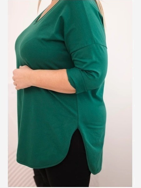Dámska bavlnená blúzka Plus Size s výstrihom do V a podhnutým rukávom tmavozelená