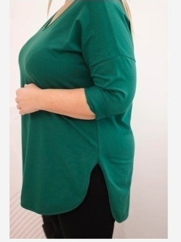Dámska bavlnená blúzka Plus Size s výstrihom do V a podhnutým rukávom tmavozelená