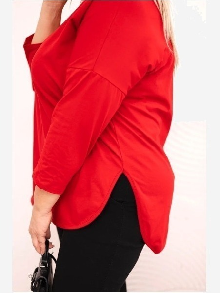 Dámska bavlnená blúzka Plus Size s V výstrihom a srolovanými rukávmi červená