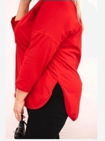 Dámska bavlnená blúzka Plus Size s V výstrihom a srolovanými rukávmi červená