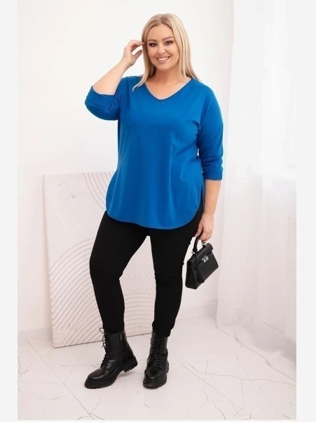 Dámska bavlnená blúzka Plus Size s V výstrihom a podhnutým rukávom chabrová