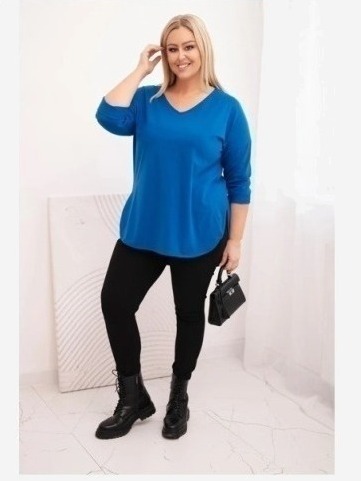 Dámska bavlnená blúzka Plus Size s V výstrihom a podhnutým rukávom chabrová