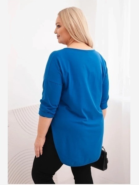 Dámska bavlnená blúzka Plus Size s V výstrihom a podhnutým rukávom chabrová