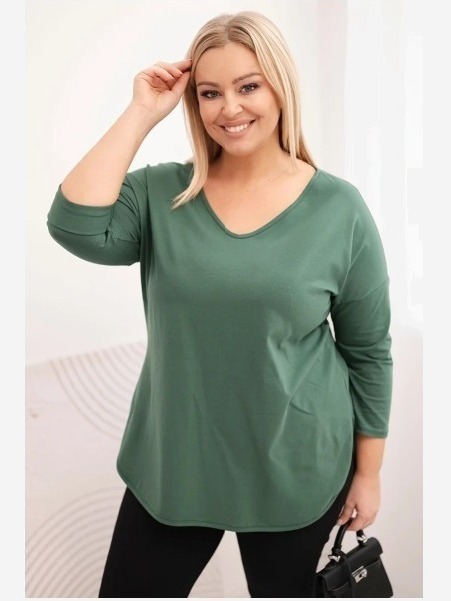 Dámska bavlnená blúzka Plus Size s V-výstrihom a podhodenými rukávmi tmavozelená khaki