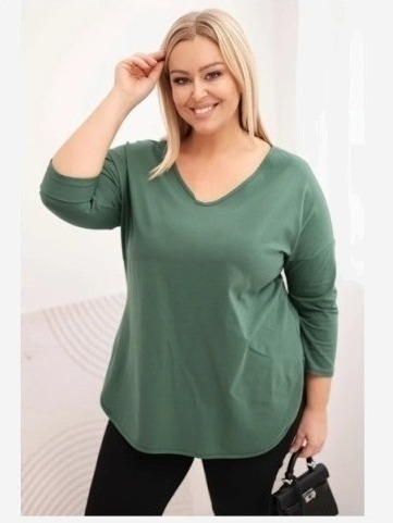Dámska bavlnená blúzka Plus Size s V-výstrihom a podhodenými rukávmi tmavozelená khaki