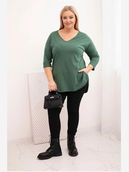 Dámska bavlnená blúzka Plus Size s V-výstrihom a podhodenými rukávmi tmavozelená khaki