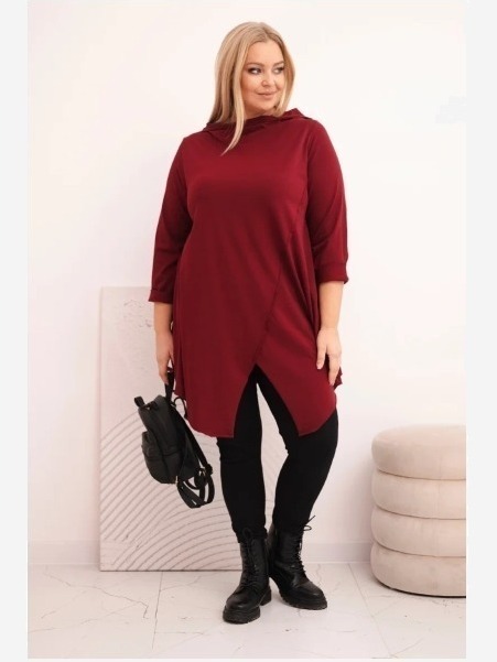 Dámska bavlnená blúzka Plus Size asymetrická s prehnutým rukávom bordová