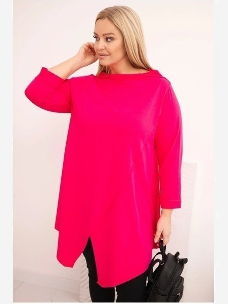 Dámska bavlnená blúzka Plus Size asymetrická s prevráteným rukávom fuksiová