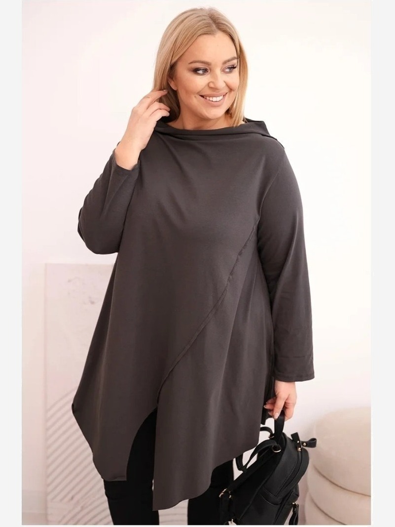 Dámska bavlnená blúzka Plus Size asymetrická s vyhrnutým rukávom grafitová