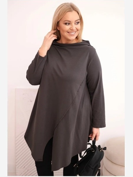 Dámska bavlnená blúzka Plus Size asymetrická s vyhrnutým rukávom grafitová