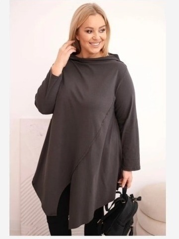 Dámska bavlnená blúzka Plus Size asymetrická s vyhrnutým rukávom grafitová