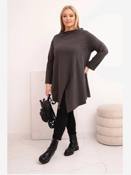 Dámska bavlnená blúzka Plus Size asymetrická s vyhrnutým rukávom grafitová