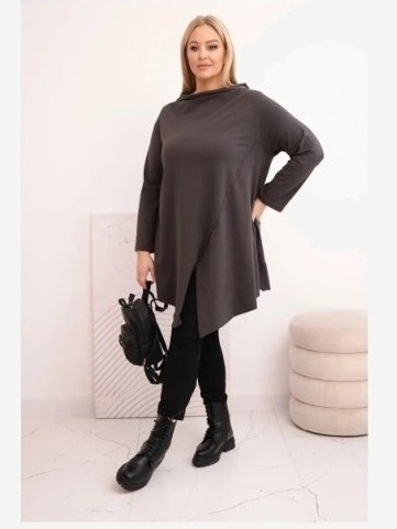 Dámska bavlnená blúzka Plus Size asymetrická s vyhrnutým rukávom grafitová