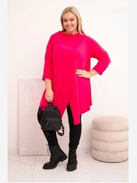 Dámska bavlnená blúzka Plus Size asymetrická s prevráteným rukávom fuksiová