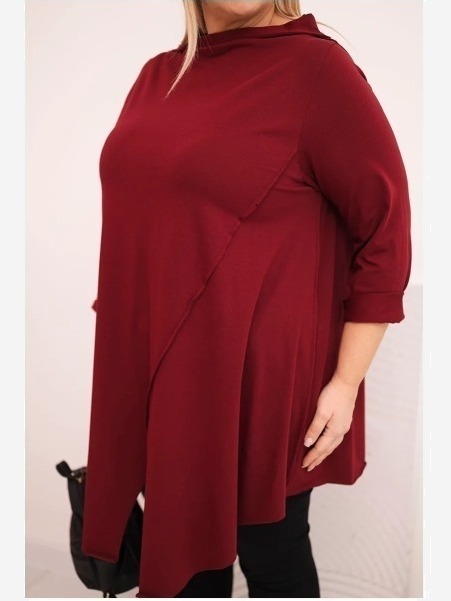 Dámska bavlnená blúzka Plus Size asymetrická s prehnutým rukávom bordová