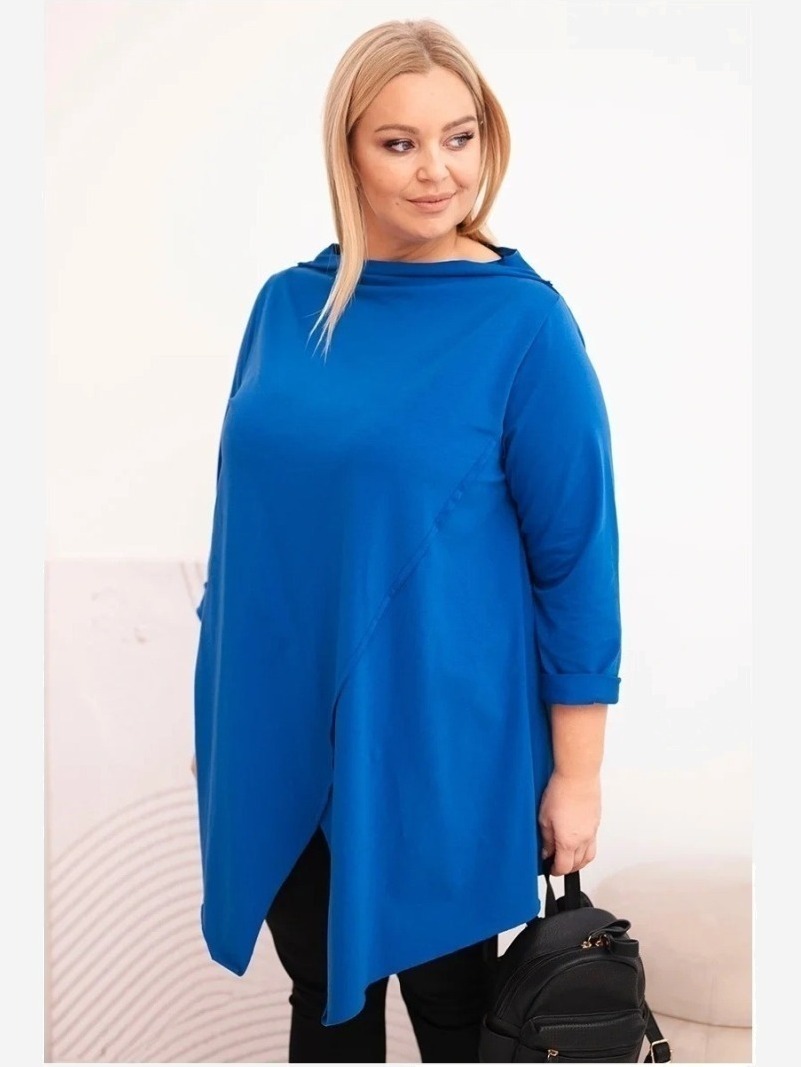 Dámska bavlnená blúzka Plus Size asymetrická s podhodeným rukávom chabrová