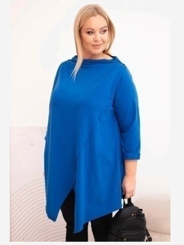 Dámska bavlnená blúzka Plus Size asymetrická s podhodeným rukávom chabrová