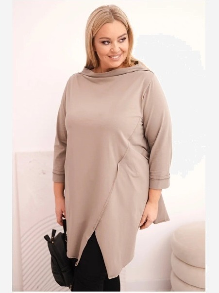 Dámska bavlnená blúzka Plus Size asymetrická s ohrnutým rukávom fango