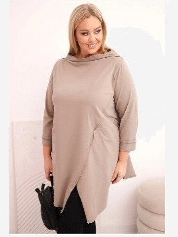 Dámska bavlnená blúzka Plus Size asymetrická s ohrnutým rukávom fango