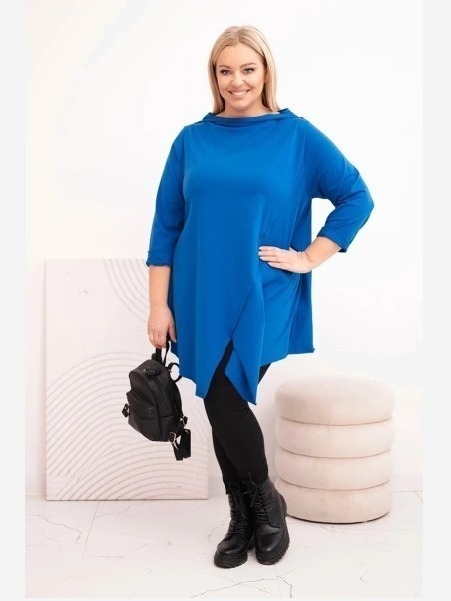 Dámska bavlnená blúzka Plus Size asymetrická s podhodeným rukávom chabrová