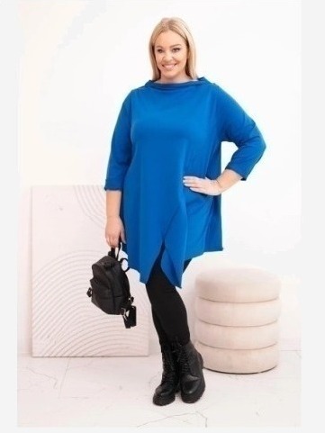 Dámska bavlnená blúzka Plus Size asymetrická s podhodeným rukávom chabrová