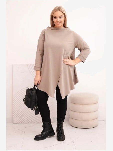Dámska bavlnená blúzka Plus Size asymetrická s ohrnutým rukávom fango