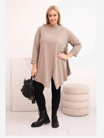 Dámska bavlnená blúzka Plus Size asymetrická s ohrnutým rukávom fango