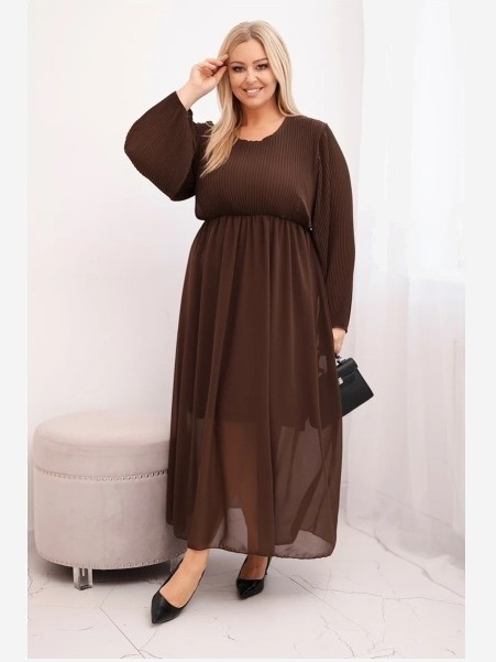 Dámska plisovaná sukňa Plus Size z viskózy a s dlhým rukávom hnedá