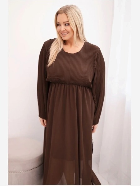 Dámska plisovaná sukňa Plus Size z viskózy a s dlhým rukávom hnedá