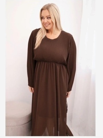 Dámska plisovaná sukňa Plus Size z viskózy a s dlhým rukávom hnedá