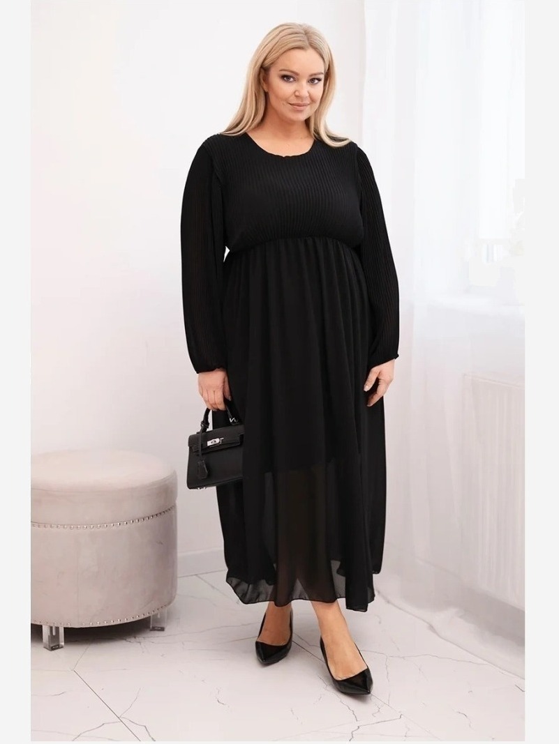 Sukňa plisovaná dámska Plus Size z viskózy a s dlhým rukávom čierna