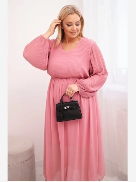 Dámska plisovaná sukňa Plus Size z viskózy a s dlhým rukávom tmavo ružová