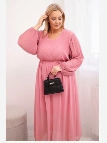 Dámska plisovaná sukňa Plus Size z viskózy a s dlhým rukávom tmavo ružová