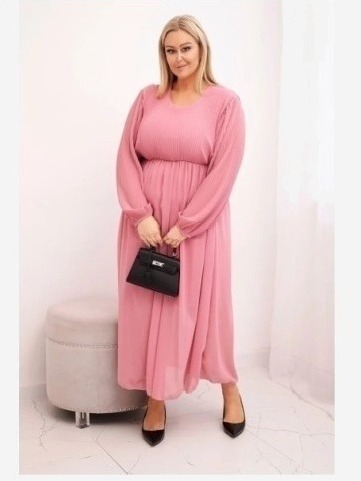 Dámska plisovaná sukňa Plus Size z viskózy a s dlhým rukávom tmavo ružová