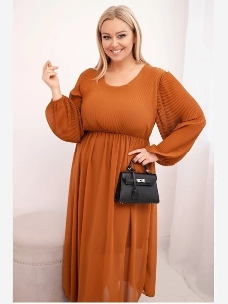 Dámska plisovaná sukňa Plus Size z viskózy a s dlhým rukávom camelová