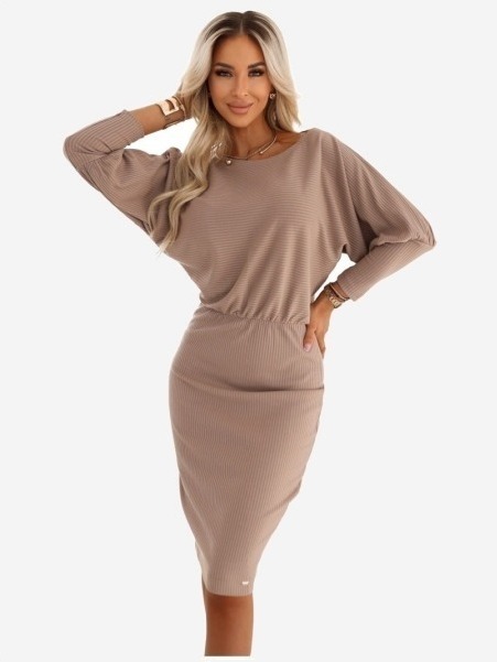 399-4 LARA Rebrované šaty s manžetami - mocha mousse
