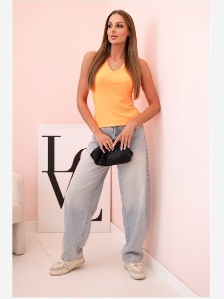 Top dámsky bavlnený na ramienkach s výstrihom V neónová oranžová
