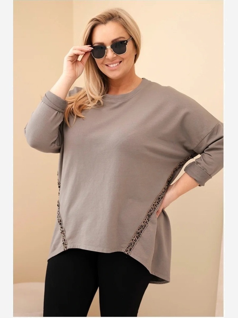 Dámska blúzka Plus Size bavlnená s vyhrnutým rukávom a lemovaním v panterke fango