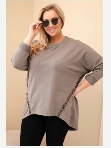 Dámska blúzka Plus Size bavlnená s vyhrnutým rukávom a lemovaním v panterke fango