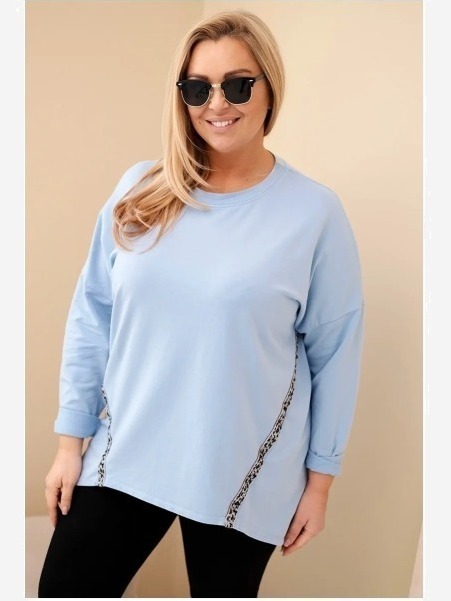 Dámska blúzka Plus Size bavlnená s vyhrnutým rukávom a leopardím pásom modrá