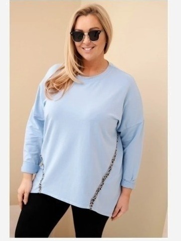 Dámska blúzka Plus Size bavlnená s vyhrnutým rukávom a leopardím pásom modrá