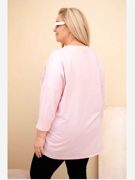 Dámska blúzka Plus Size bavlnená s vyhrnutým rukávom a lampasom v panterke cukrová ružová