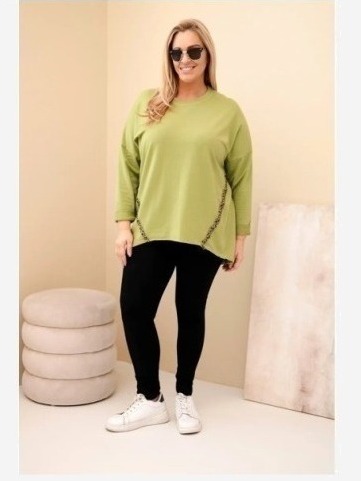 Dámska blúzka Plus Size bavlnená s vyhrnutým rukávom a leopardím pásom olivová