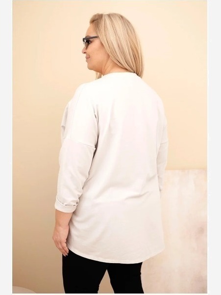 Dámska blúzka Plus Size bavlnená s vyhrnutým rukávom a lampasom v tigrovom vzore béžová