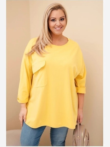 Dámska blúzka Plus Size s bavlnou, s vreckom a s podvihnutým rukávom žltá