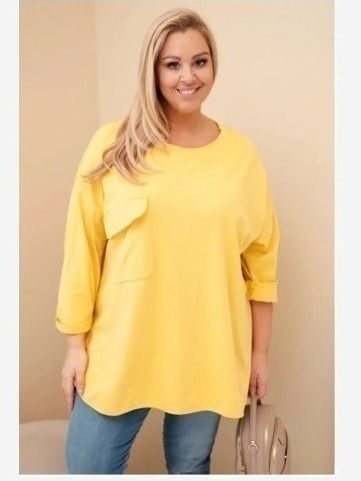Dámska blúzka Plus Size s bavlnou, s vreckom a s podvihnutým rukávom žltá
