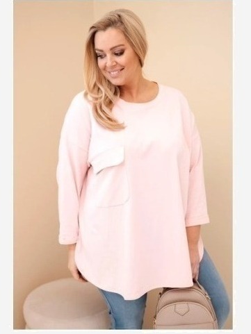 Dámska blúzka Plus Size s bavlnou, s vreckom a s rolovaným rukávom pudrová ružová