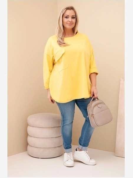 Dámska blúzka Plus Size s bavlnou, s vreckom a s podvihnutým rukávom žltá