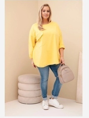 Dámska blúzka Plus Size s bavlnou, s vreckom a s podvihnutým rukávom žltá