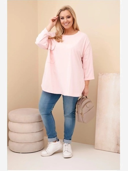 Dámska blúzka Plus Size s bavlnou, s vreckom a s rolovaným rukávom pudrová ružová